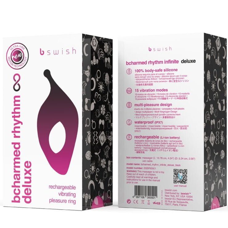 B SWISH - BCHARMED RHYTHM INFINITE DELUXE ANILLO PARA PENE 15 VIBRACIONES NEGRO - Pelvia